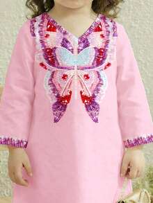 SHEIN Baby Girl V-Neck Butterfly Pattern Long Sleeve Long T-Shirt And Pants Casual Outfit For Daily Wear, Family Gathering - Multicolor - View 7