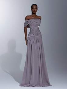 Elitara Elegant Gray-Purple High Stretch Mesh Off Shoulder Waist Slimming Ruched Handmade Beaded Rhinestone A-Line Dress, Suitable For Dates, Vacations, Singles Parties, Weddings, Formal Galas - Dusty Purple - View 6