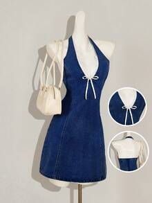 SHEIN MOD Women's Casual Halter Neck Mini Bodycon Denim Dress, Blue - Dark Wash - View 1