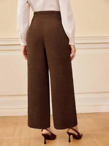 Vintamour 复古经典优雅女士长裤，修身直筒裤，新款中式纽扣棕色长裤，秋冬棕色女士高腰阔腿裤，春季女士长裤，棕色灯芯绒女士优雅长裤，高腰灯芯绒女士长裤 - 棕色 - 查看 2