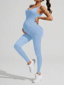 SHEIN Bộ áo liền quần thể thao ôm sát không tay màu trơn dành cho bà bầu - Màu xanh nhạt - Xem 4