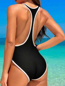 Swim SPRTY Women's Sexy Black & White High Cut One-Piece Swimsuit, Fashionable Sports & Beach Vacation Jumpsuit - Black and White - View 2