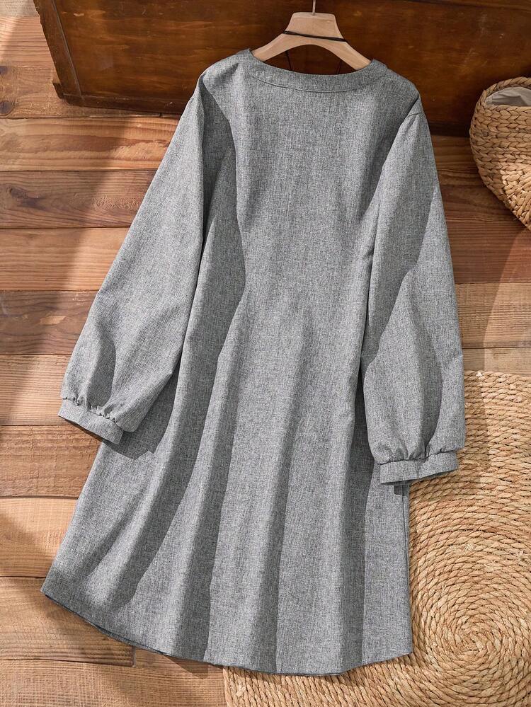 Plus Size Women Solid Color Pleated Design Button Front Long Sleeve Casual Dress For Summer/ Vacation Country Style For Women Summer/Spring/Vacationflower Smock Dress Women Cottagecore Dress