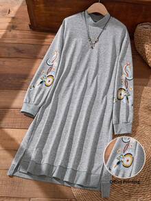 Rusticease 大码印花开衩领连衣裙 - 灰色 - 查看 3