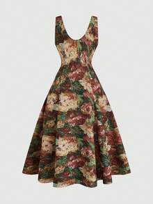 Sweetra Plus Size Women's 1950s Vintage Floral Print Brocade Jacquard Dress,Elegant Waist Cinched Brown Polka Summer Picnic Garden Party Formal Date Dress - Multicolor - View 2