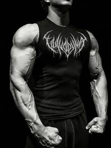 GymBeat 男士哥特印花圆领休闲健身运动背心压缩衣 - 黑色 - 查看 1