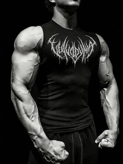 Manfinity Sport PWRUP Camiseta de tirantes de compresión con estampado gótico de cuello redondo, casual y de fitness para hombres