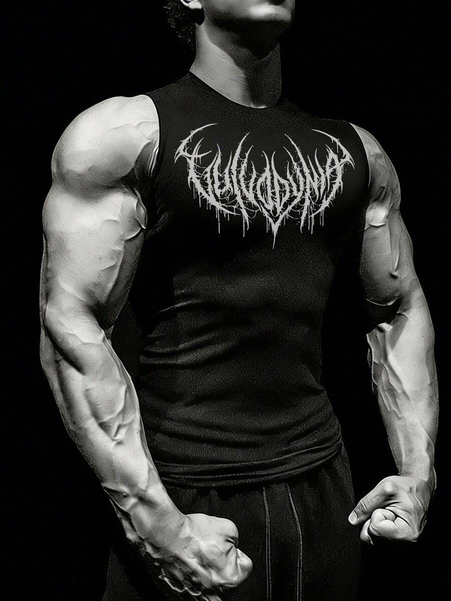 GymBeat 男士哥特印花圆领休闲健身运动背心压缩衣 - 黑色 - 查看 1