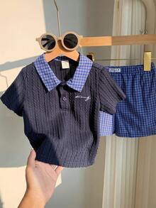 SHEIN 2pcs Newborn Baby Boy Summer Cute Preppy Style Navy Short Sleeve Polo Shirt And Elastic Waist Plaid Shorts Set, Suitable For Birthday Party, Rave, Evening Party, Performance, Wedding, One Month Celebration, Baptism And First Birthday Boys Vacation Outfit Sets Baby Boy Shirt And Short Set Boy Summer Sets - Multicolor - View 6