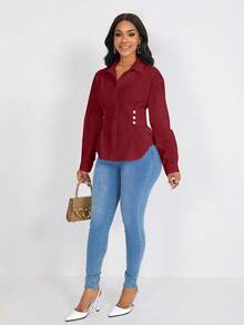 SHEIN LUNE Women Solid Color Long Sleeve Fitted Shirt, Minimalist Style, Suitable For Commuting, Autumn - Red - View 3