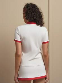 SHEIN Cheerettes 女士字母印花撞色休闲百搭日常户外运动短袖Polo衫 - 白色 - 查看 2