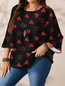 SHEIN VCAY Plus Size Women Casual All-Over Print Round Neck Loose 3/4 Sleeve Shirt, Autumn/Winter Valentine's Day - Black - View 6
