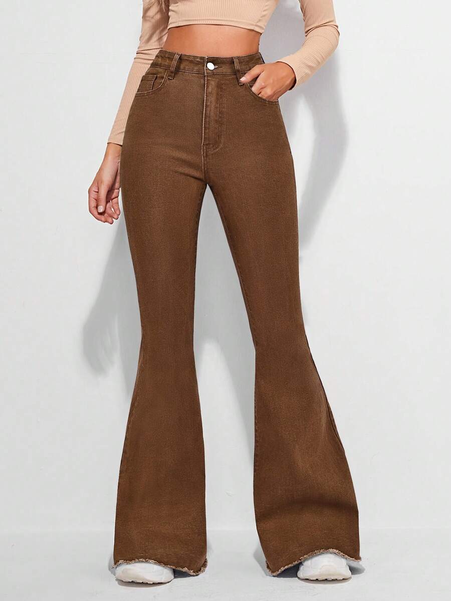 EMERY ROSE Quần jeans nữ ống loe rách gấu kiểu vintage - màu nâu - Xem 1
