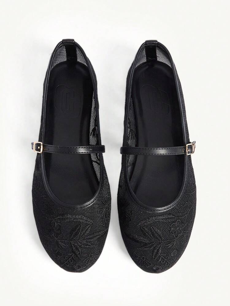 CUCCOO CHICEST Women Shoes Black PU Mesh Embroidery Fashionable Elegant Flat Shoes