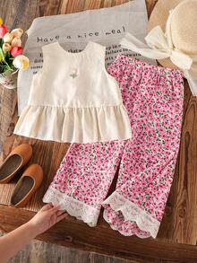 Emery Rose Kids Emery Rose Kids 两件套女童无袖纯色圆领休闲上衣和长裤套装 - 粉色 - 查看 4