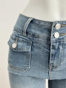 Elamini 女士口袋纽扣休闲百搭通勤喇叭牛仔裤