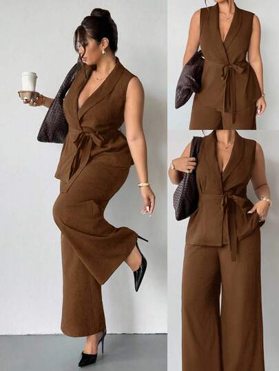 Firerie Plus Size Women Solid Color Shawl Collar Belted Sleeveless Blazer And Pants Casual Commuter 2 Pieces Set Brown Jumpsuit Women Plus Size Formal Jumpsuit Brown Two Pieces Set Women 2 Piece Sets Woman Classy Maternity Clothes Two Pieces Suits Autumn Winter Clothes For Women Pant Suit Summer Sets Swing Suit Plus Size Brown Two Piece Set Women