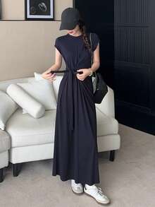 Livesso Women's Short Sleeve Cotton Round Neck Cinched Waist Midi Dress - Navy Blue - View 7