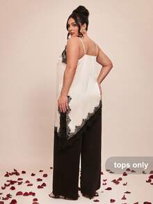 SHEIN BAE Áo kiểu thanh lịch viền ren đen trắng cho ngày Valentine xuân/hè, áo gợi cảm cỡ lớn. - Đen và trắng - Xem 2