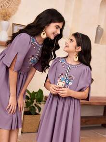 SHEIN Tween Girls' Casual Vacation Dress, Gray-Purple Lilac Dress Lavender Dress - Blue - View 7