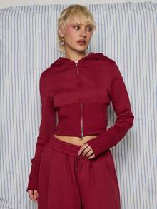 COUREZ 短款修身拉链连帽衫 / Y2K 春季女装 舒适街头风 红色连帽衫 性感时尚休闲装 外出装 生日装 - 紅色 - 查看 1