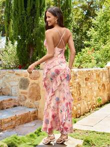 KARISMINA 女士度假风彩色复古印花垂褶领口层叠荷叶边长款连衣裙，浪漫花卉度假风服装，粉色正式长裙 - 淺粉色 - 查看 10