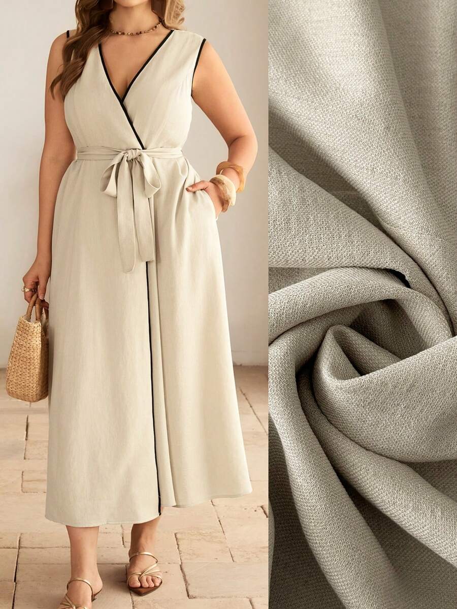Roveilla 大码女装春夏法式浪漫西西里优雅休闲通勤波西米亚风度假下午茶纯色V领开襟撞色包边撞色纽扣腰带抽绳无袖长连衣裙女式夏季连衣裙裹身连衣裙女士夏季套装女式连衣裙优雅经典女式春季连衣裙亚麻连衣裙女士夏季亚麻连衣裙亚麻罩衫休闲连衣裙女士优雅高贵无袖连衣裙外套 - 杏色 - 查看 1