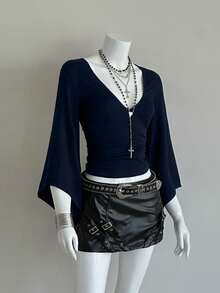 EgrlEra 女士纯色V领休闲百搭日常长袖T恤 - 寶藍色 - 查看 7