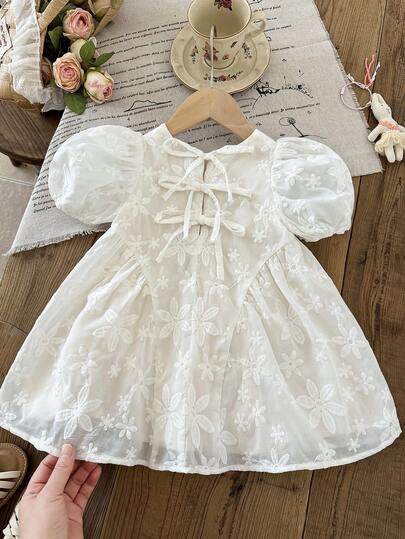 LMoss Kids LMoss    Baby Girl Woven Solid Color Embroidered Round Neck Puff Sleeve Dress,,فستان,تنوره,فساتين بنات,ملابس اطفال,فستان ابيض,Baby Girls Clothes,White Dress,Summer Clothes,Suitable For Everyday Life, Parties, Birthdays, And Celebrations In Spring And Summer.
