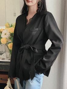 DAZY Blazer élégant à manches longues avec dentelle contrastante de couleur unie pour femmes - Noir - Voir 6
