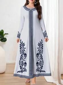 Al Najma Vestido largo de manga larga con cuello en V azul, elegante y de talla grande, con estampado floral, adecuado para citas, vacaciones, uso diario, casual, fiestas, festivales. Vestido largo de otoño/invierno para damas, vestido fluido, vestido maxi floral/vestido vintage, vestido con estampado botánico, vestido azul - Celeste - Ver 5