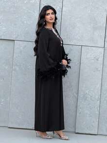 Al Najma 女士优雅水钻装饰阿拉伯风格连衣裙 - 黑色 - 查看 5