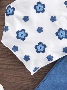 SHEIN Babygirl Casual Vacation Cute Print Camisole And Elastic Waist Pants Set Necklace-Style Top, Blue Flared Pants, Fashionable Girl's Two-Piece Set, Floral Print Set, Casual Set, Outing Set, Casual Home Clothes Top And Pants - Multicolor - View 5