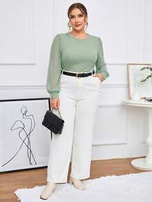 SHEIN Tall CURVE 对比色网纱灯笼袖优雅黑色连体衣，冬季 - 綠色 - 查看 6