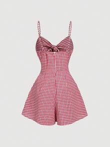 SHEIN MOD 红白格子扭结肩带连体衣