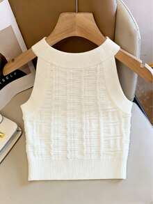 Resyla Women's Bow Embroidery Casual Versatile Halter Knit Top - White - View 2