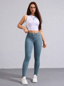 Flexra Solid Color Slant Pocket Skinny Casual Jeans - Dusty Blue - View 4