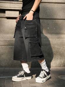 Manfinity EMRG Men's Pocketed Button Casual Cargo Cropped Wide Leg Jeans, Versatile For Commuting And Outings - Black - View 6