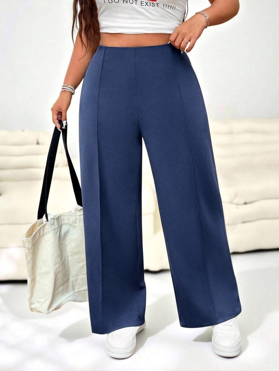 Solflare 女士大码纯色简约直筒办公裤，适合毕业季、返校季、教师秋冬装扮。 - 霧霾藍 - 查看 1