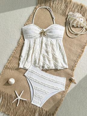 SHEIN Tween Girl Textured Knit Apricot Halter Tankini Swimsuit Set