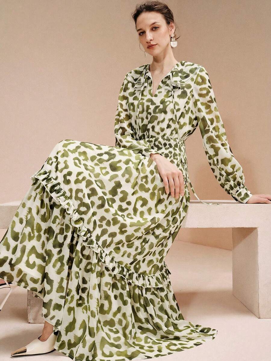 Arave Vestido largo con cuello en V, cintura ceñida y volantes en el bajo con estampado de leopardo, de moda para el día a día - Verde - Ver 1