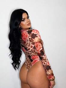 SHEIN SXY 豹纹性感低领长袖网纱连体衣 - 彩色 - 查看 2