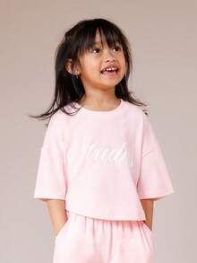 SUMWON Girls Oversized Scripted Graphic T-Shirt And Wide Leg Trouser Casual Co-Ord Set With Short Sleeves Vacation - Pink - View 3