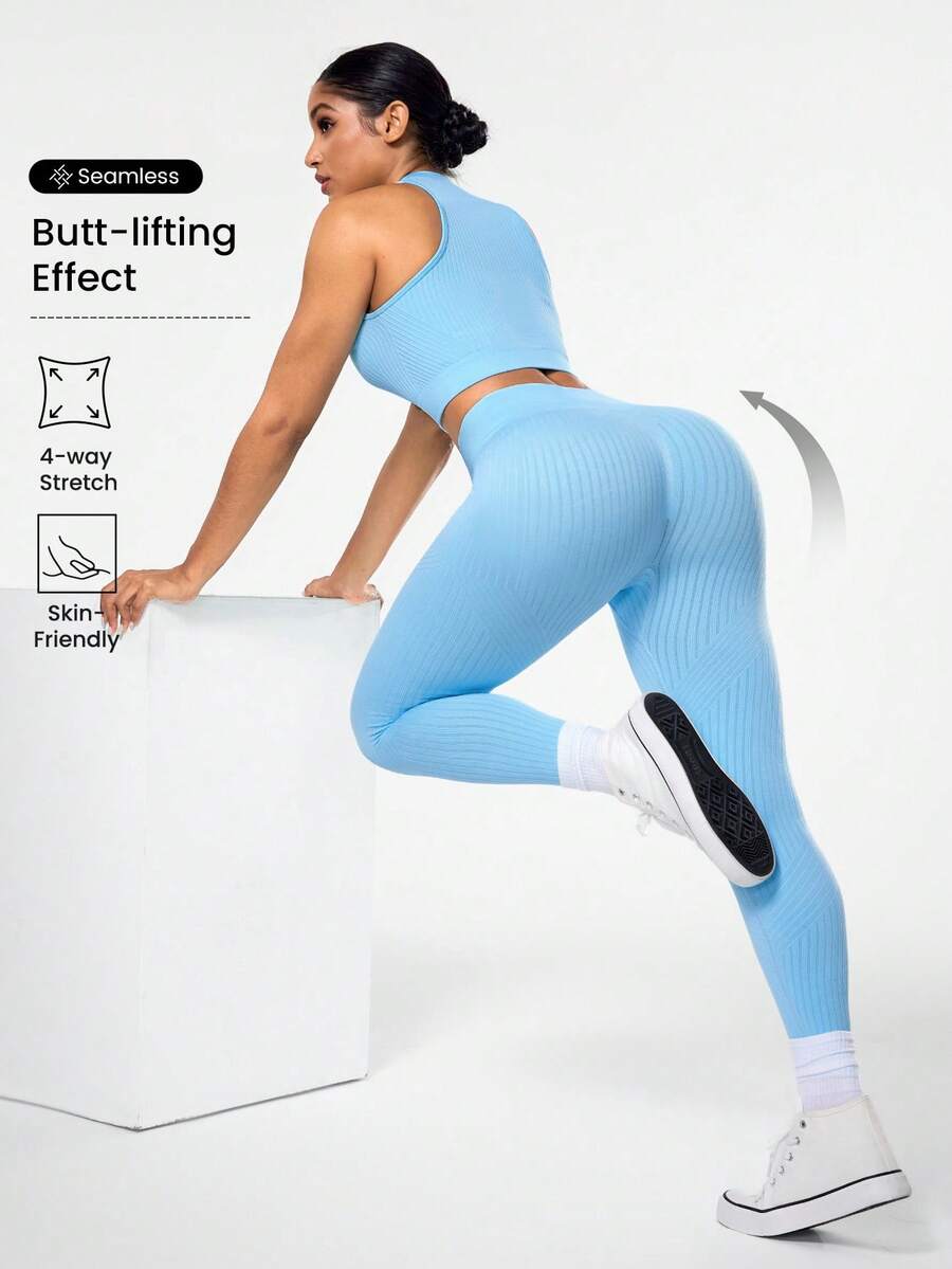 Seamluxe SHEIN Sport Bộ đồ thể thao nữ màu trơn cổ tròn gồm áo tank top và quần legging ngắn tay. - Màu xanh nhạt - Xem 1