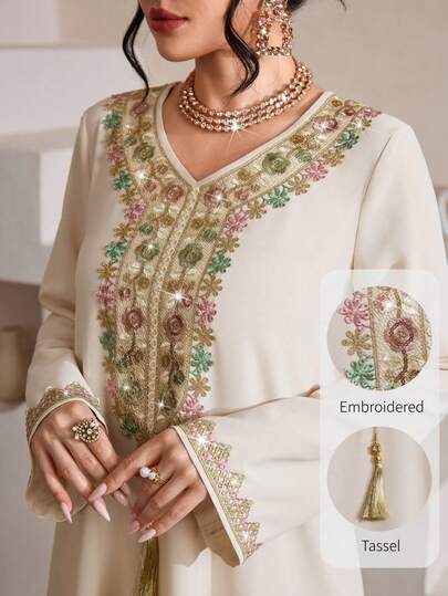 SHEIN Najma Women's Elegant Colorful Embroidered Tassel Decor Loose Comfortable Casual Robe