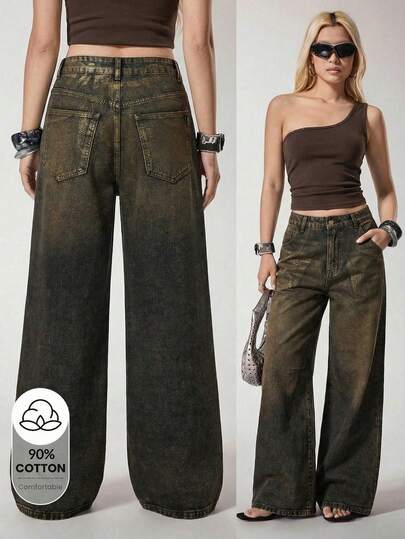 Y2Kool Jeans de pierna ancha con lámina de plata, estilo urbano casual y sexy minimalista, adecuados para salidas, viajes, vacaciones, citas, fiestas y festivales