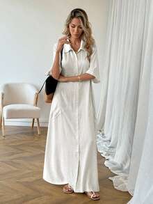 SHEIN LUNE Đầm dài cổ bẻ kiểu thường ngày dành cho nữ - Màu be - Xem 3