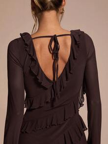 SHEIN BAE Robe d'automne simple pour femmes avec nœud, volants à l'ourlet - Marron - Voir 2