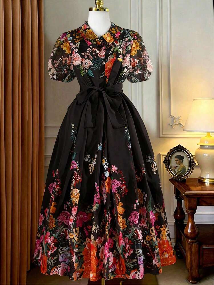 floral chiffon dress short Rometta Plus Size Chiffon Dress,Women's Floral Print Short Sleeve,Front  Button Closure,Lining,Casual Elegant Black Autumn Tea Party Victorian  Vintage Dress