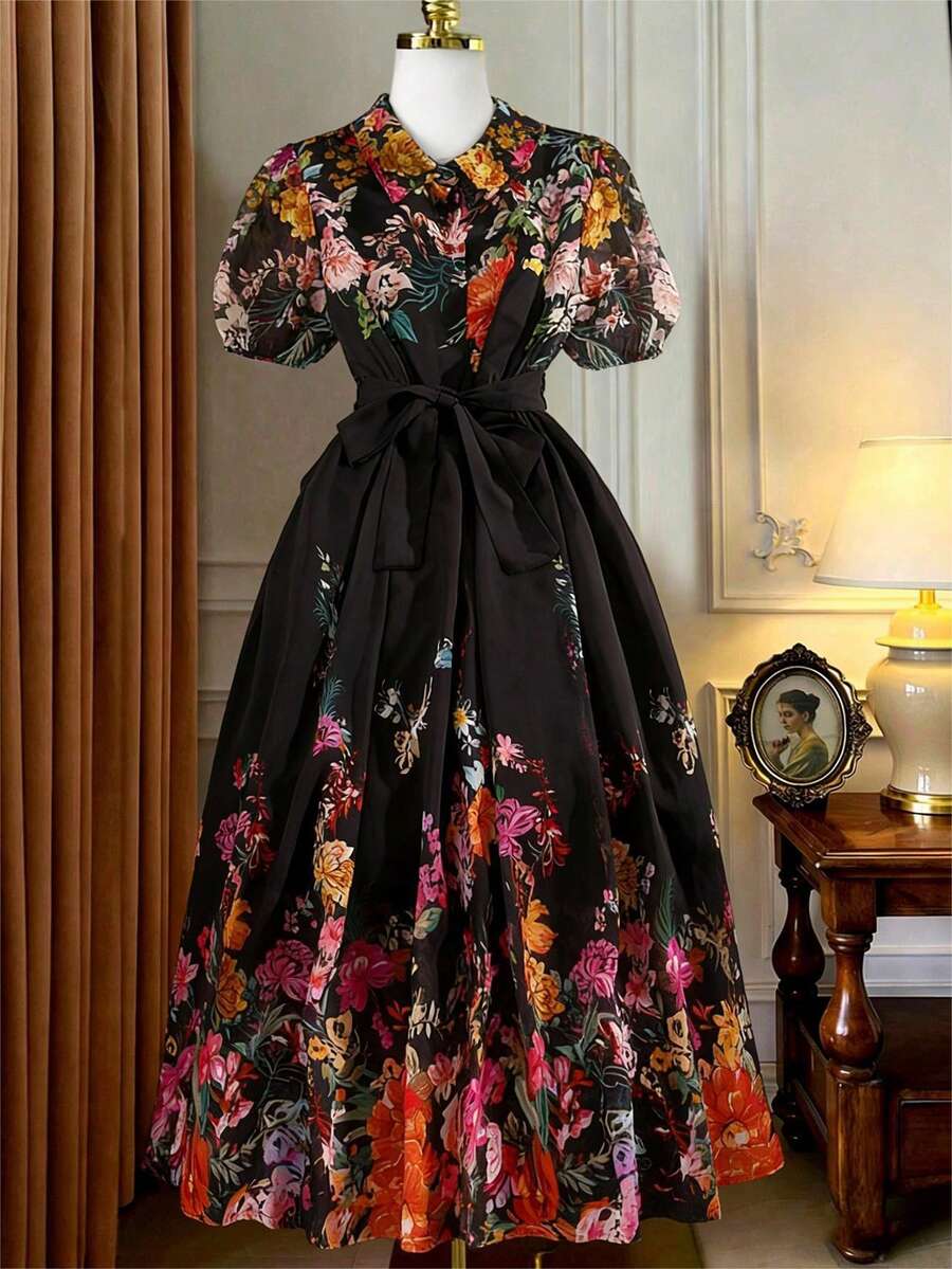 Rometta 大码雪纺连衣裙，无弹力修身女装，印花短袖，前襟纽扣，内衬防止透视，休闲浪漫优雅度假风 - 橘色 - 查看 1